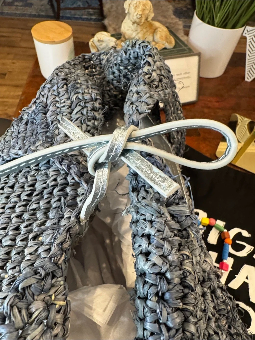 Kurt Geiger Gray Crocheted Raffia Hobo Bag with Beaded Charm